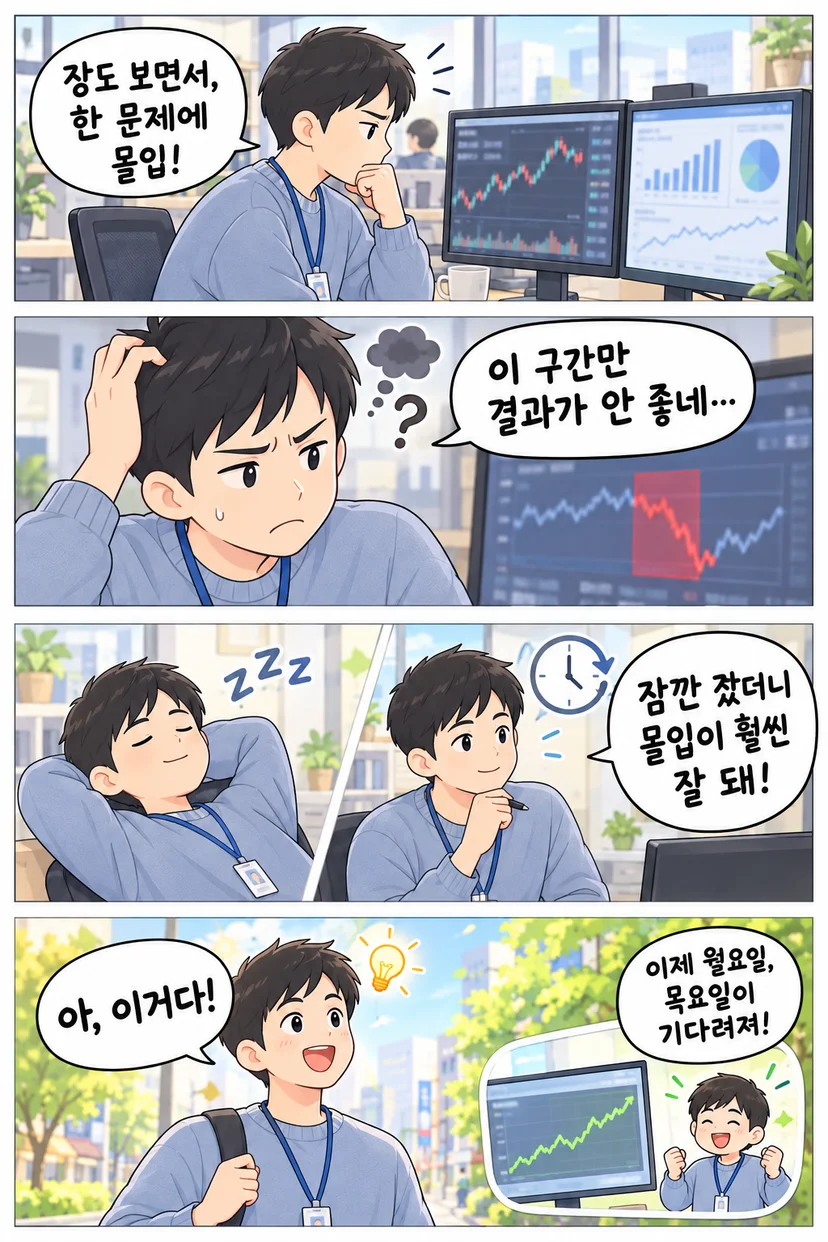 4컷 만화. 사원증을 건 직원이 장을 보는 모니터 앞에서 한 문제에 몰입하다가, 빨갛게 표시된 하락 구간을 보며 결과가 안 좋다고 고민한다. 잠깐 선잠을 잔 뒤 몰입이 훨씬 잘 된다며 다시 생각에 잠기고, 마지막 컷에서 '아, 이거다!' 하고 아이디어를 떠올리며 상승 그래프 앞에서 월요일, 목요일이 기다려진다고 기뻐한다.