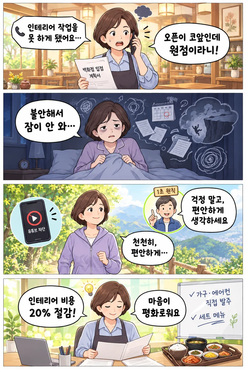 4컷 만화. 백화점 입점 계획서를 든 식당 대표가 오픈을 앞두고 인테리어 작업이 무산됐다는 전화에 당황하고, 밤에는 불안으로 잠 못 이룬다. 유튜브를 차단하고 숲길에서 1초 원칙에 따라 천천히 편안하게 생각하다가, 가구·에어컨 직접 발주와 세트 메뉴를 떠올려 인테리어 비용 20% 절감에 성공하고 평화로운 마음을 되찾는다.