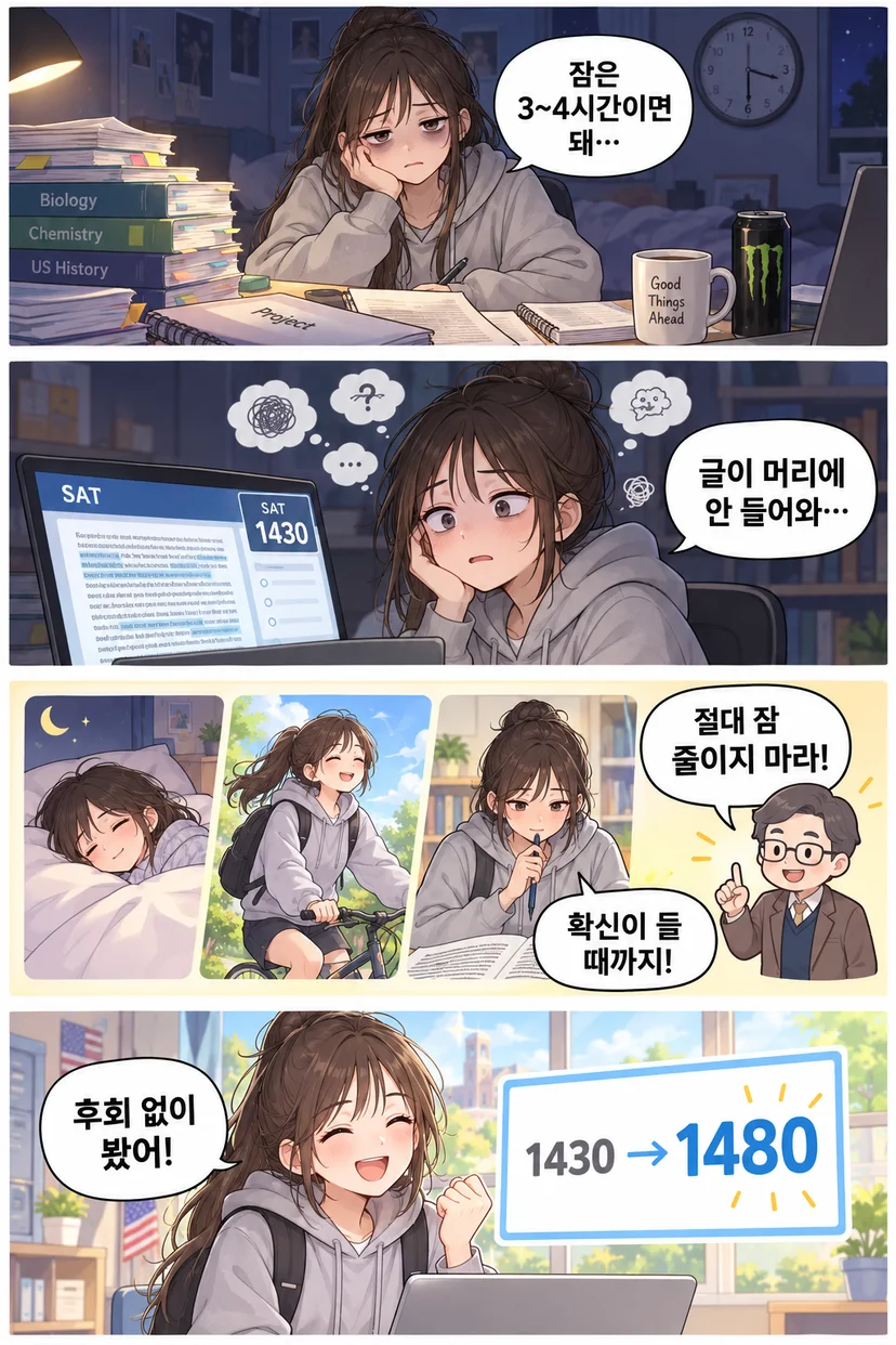 4컷 만화. 밤늦게 책과 에너지 음료 옆에서 잠은 3~4시간이면 된다던 학생이 SAT 1430점 화면 앞에서 글이 머리에 안 들어온다며 지친다. 잠을 줄이지 말라는 선생님 조언에 푹 자고 자전거를 타며 확신이 들 때까지 공부하고, 1480점으로 오른 결과에 후회 없이 봤다며 웃는다.