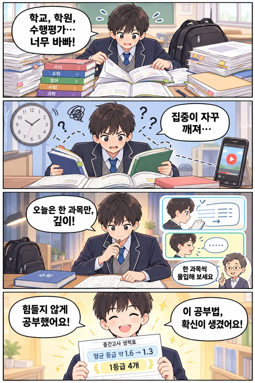 4컷 만화. 교복 입은 학생이 과목별 책 더미 속에서 '너무 바빠!'라고 외치고, 시계와 스마트폰 영상에 집중이 깨지다가, 안경 쓴 선생님의 '한 과목씩 몰입해 보세요'라는 조언에 수학 한 과목에 깊이 몰두하고, 마지막에 평균 등급 약 1.6에서 1.3, 1등급 4개가 적힌 중간고사 성적표를 들고 웃는다.