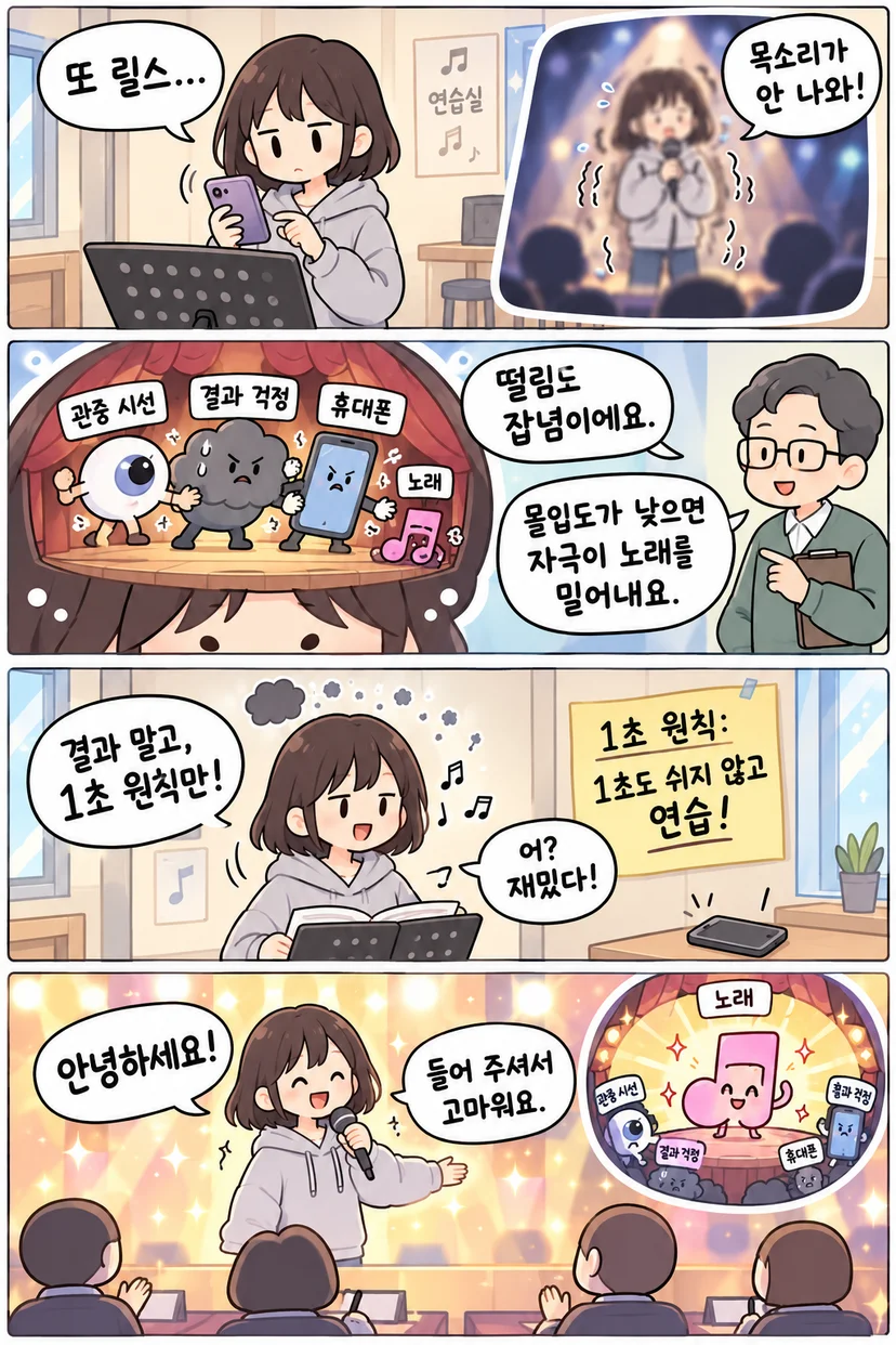 4컷 만화. 연습실에서 휴대폰 릴스를 보던 여성이 무대에서 떨며 목소리가 안 나오던 기억을 떠올리고, 교수는 머릿속 무대에서 관중 시선·결과 걱정·휴대폰이 노래를 밀어낸다고 설명한다. 여성은 1초 원칙에 집중하며 연습이 재미있어지고, 마지막에는 노래가 머릿속 무대를 가득 채운 채 웃으며 심사위원들에게 인사한다.