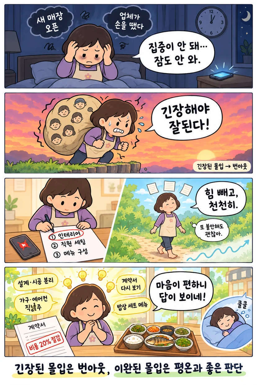 4컷 만화. 앞치마 두른 대표가 새 매장 오픈과 업체 이탈로 밤잠을 못 이루고, 직원 얼굴이 그려진 짐을 진 채 벼랑 끝에서 이를 악물다가, 인테리어·직원 세팅·메뉴 구성을 종이에 적고 맨발로 흙길을 걸으며 힘을 뺀 뒤, 비용 20% 절감과 밥상 세트 메뉴 아이디어를 얻고 푹 잠든다.
