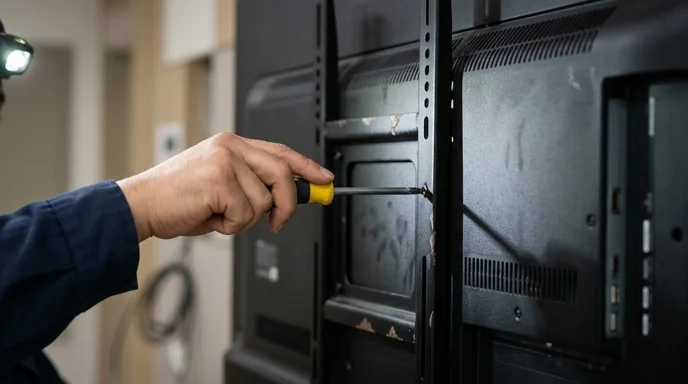 A Korean installer's hand tightening a screw on the worn metal bracket of a large screen.