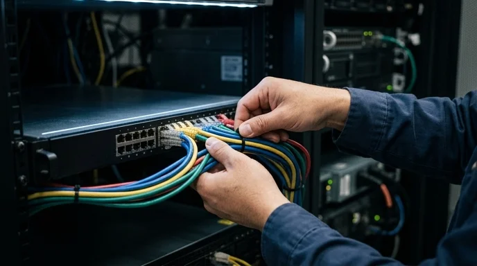 Two hands organizing a bundle of cables connected to a media server rack in a dark room.