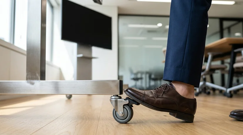 A Korean staff member's foot stepping on the caster lock at the base of a large display stand in a bright meeting room.