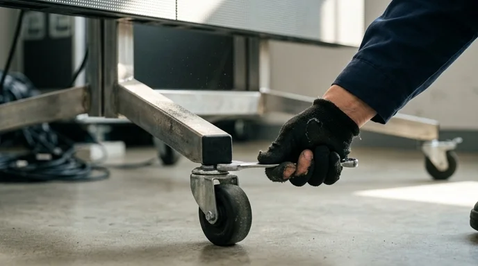 A Korean technician's gloved hand tightening a caster wheel beneath an LED panel.