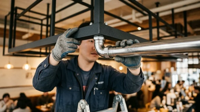 A Korean technician's hands assembling a metal pipe to a display frame.