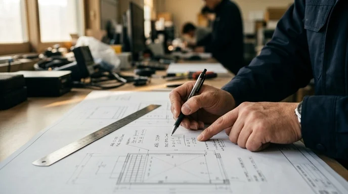 A Korean technician's hand pointing at a blueprint to calculate installation area.
