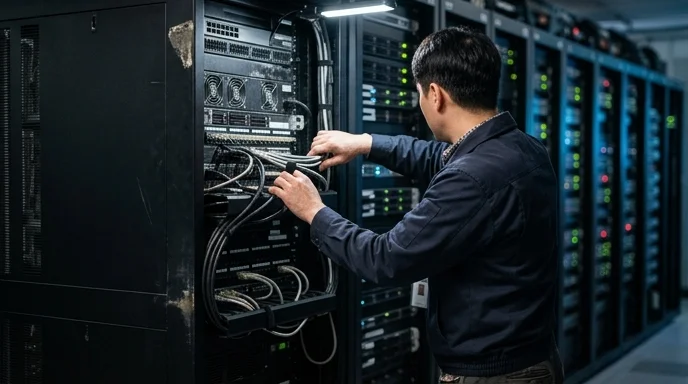 A system administrator organizes thick cables connected to a dusty media server rack.