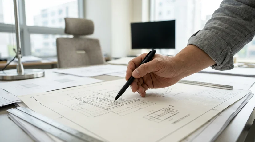 A Korean technician's bare hand holding a pen and pointing at a technical drawing for a pop-up bracket.