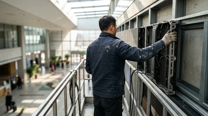A Korean installer's back view standing on an indoor lift, adjusting the metal frame of an LED module.