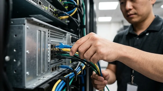 A technician's hand adjusting the ports on a media server to apply strict company-wide standards.