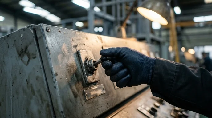 A Korean operator's gloved hand adjusting a worn switch on a heavy-duty control console.