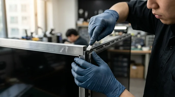 Two gloved hands of a Korean technician carefully detaching a section from a brushed metal display frame.