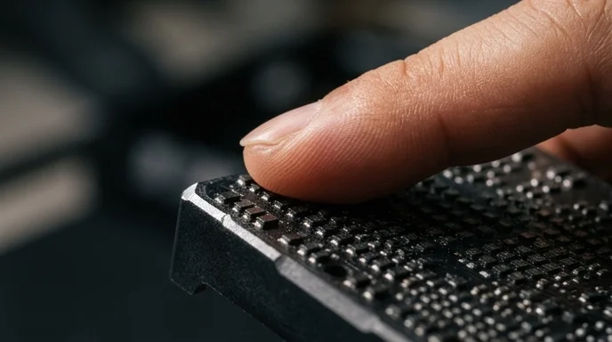 A Korean technician's finger resting on the surface of a fine-pitch LED module showing a diode grid.