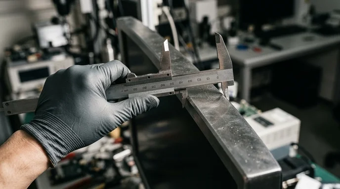 A Korean engineer's gloved hand holding a caliper against a display edge.