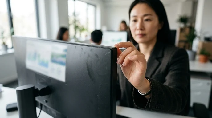 A Korean businesswoman's hand swiping across a large matte screen in an office.
