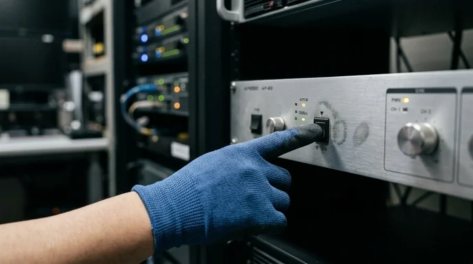 A gloved hand pressing a button on an AV processor in a control room.