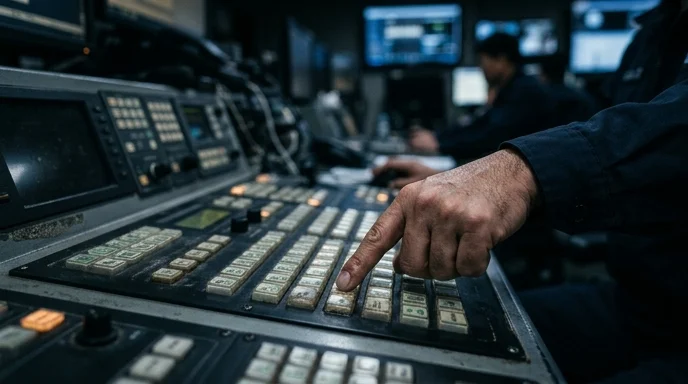 A Korean operator's hand pressing a worn key on a control console.