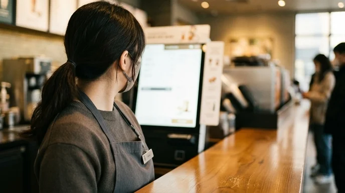 A Korean cafe employee viewed from over the shoulder looks at an out-of-focus large display.