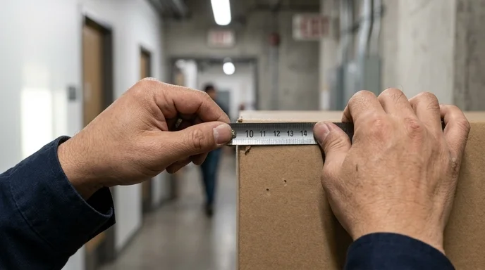Two hands of an installer using a metal tape measure on the edge of a large cardboard box in a hallway.