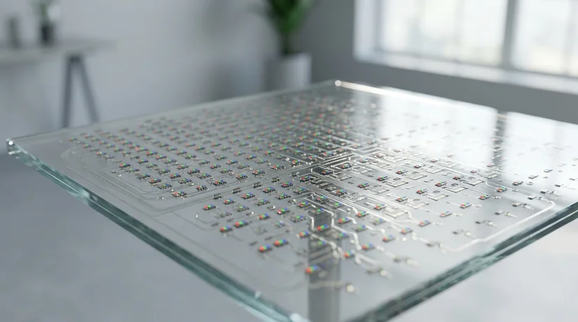 Close-up of a transparent display panel surface revealing micro LED pixels and metallic circuits under bright daylight.