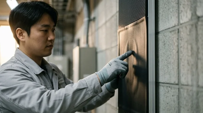 A gloved hand pressing on the flexible silicone backing of a vertically aligned LED module.