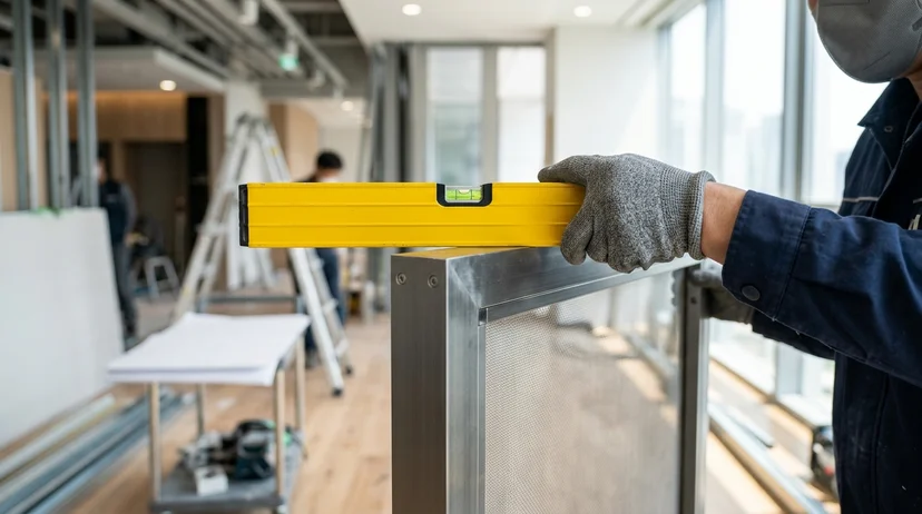 A technician's gloved hand holding a spirit level against the edge of a thick metal screen frame indoors.