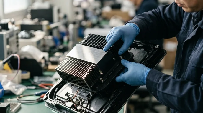 A Korean technician's gloved hands assembling a large aluminum heatsink on the back of an LED module.