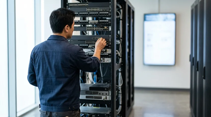 The back of a Korean technician adjusting a switching model while looking at a digital signage.