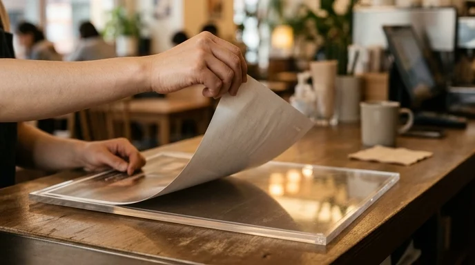 A Korean staff member's hands removing a paper poster from a clear acrylic frame on a counter.