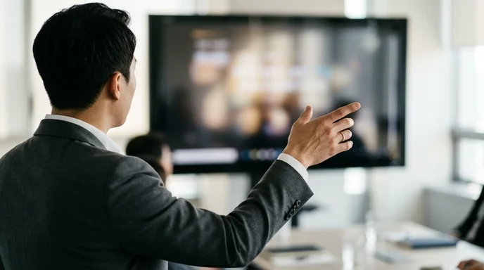 A Korean planner viewed from over the shoulder gesturing toward a large display on a wall.
