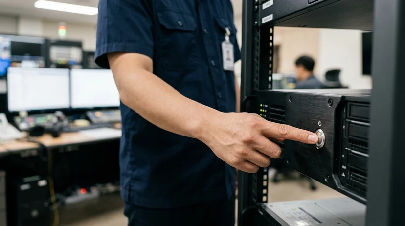 A Korean technician's hand pressing the power button on a media server in a control room.