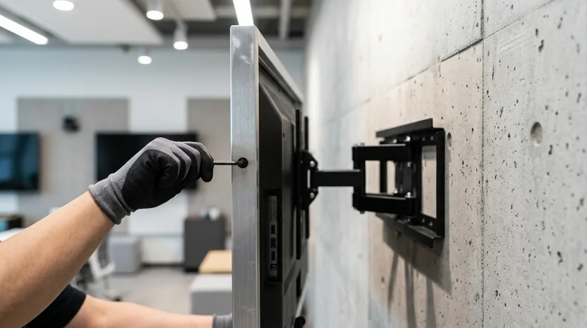 A Korean installer's gloved hand securing a screen frame to a mount on a concrete wall.