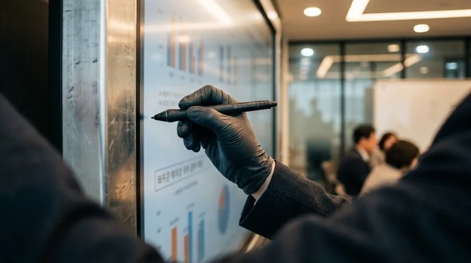 A gloved hand of a Korean attendee pressing a digital pen onto a large display in a meeting room.