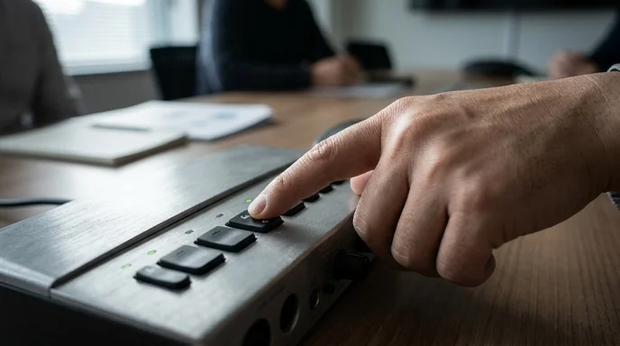 A hand pressing a button on an audio device placed on a meeting table.