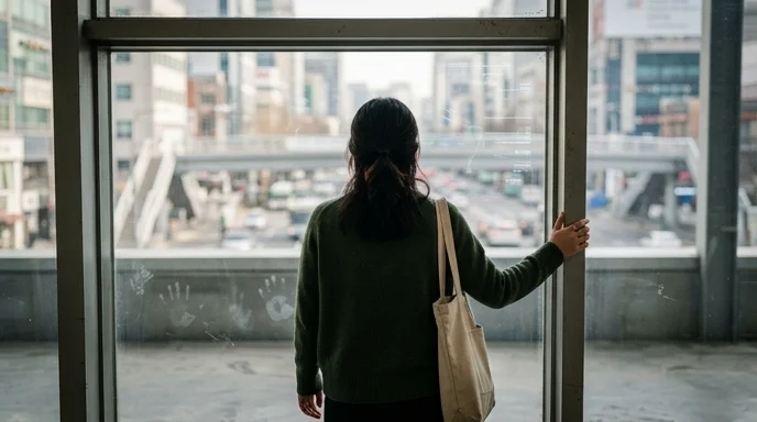 A Korean visitor looking out through a glass window with a transparent LED module.