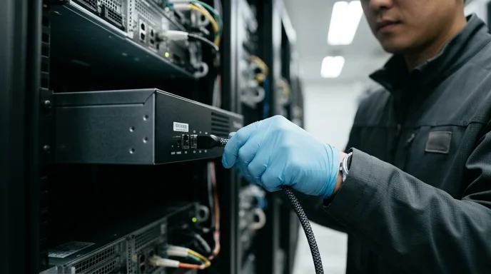 Close-up of an engineer's hand plugging a cable into the rear port of a controller mounted in a server rack.