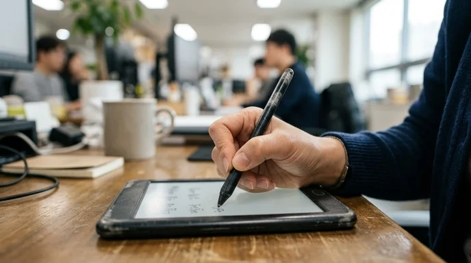 A Korean employee's hand writing on a small digital memo pad with a stylus on a desk.