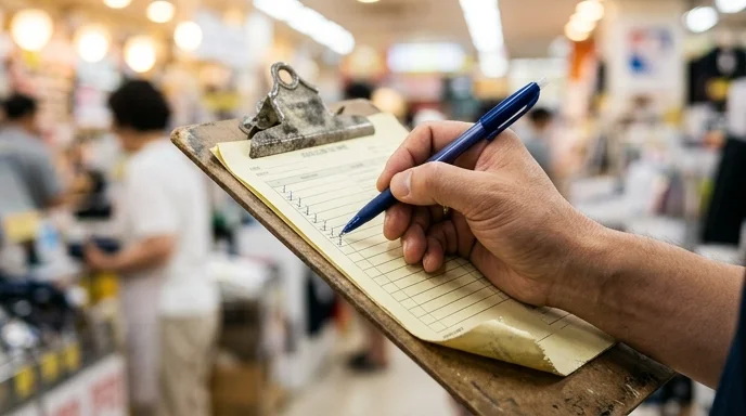 A manager checking off a row on a worn clipboard with a pen.