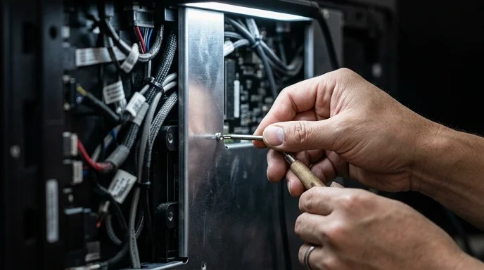 A technician's hand using a screwdriver to replace a component behind a display panel.