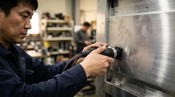 A Korean engineer's hands connecting wires behind an LED panel.