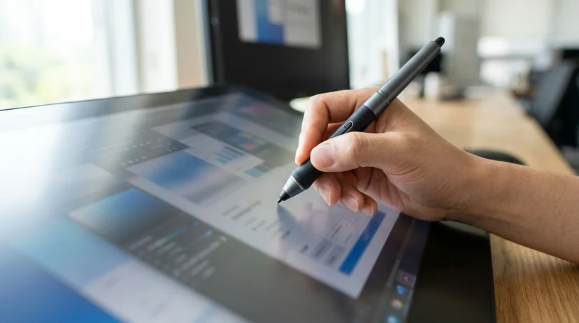 A Korean professional's hand holding a stylus pen against the matte glass surface of a large display.