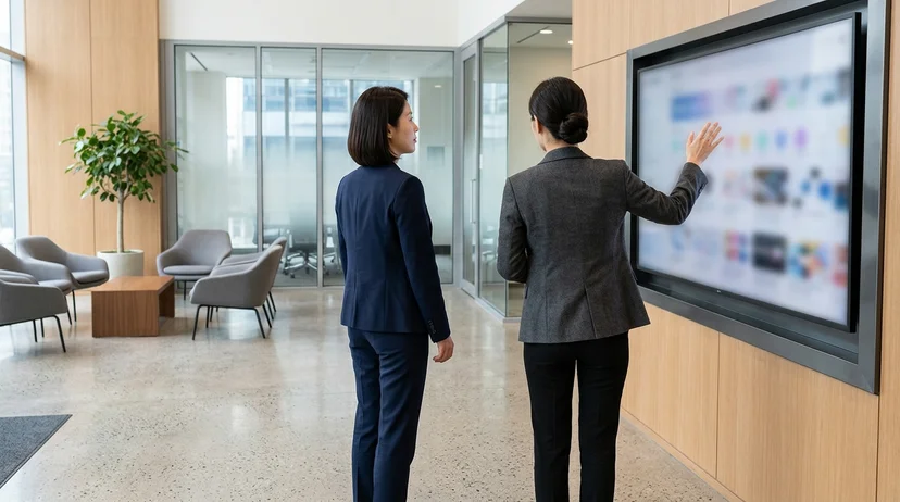 Two Korean office workers viewed from behind, one gesturing with an open palm toward a large display in a corporate lobby.