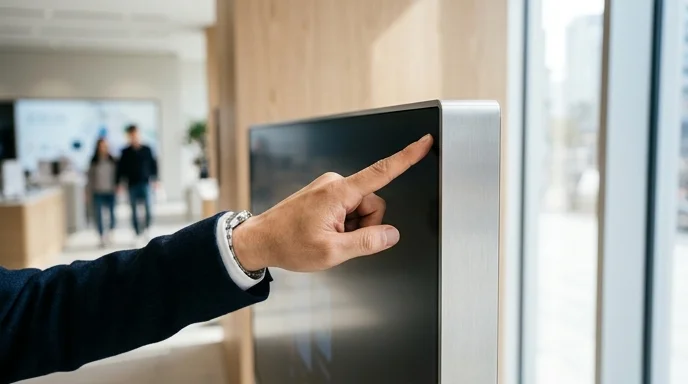 A Korean marketer's hand pointing at the corner of a digital signage panel in a bright showroom.