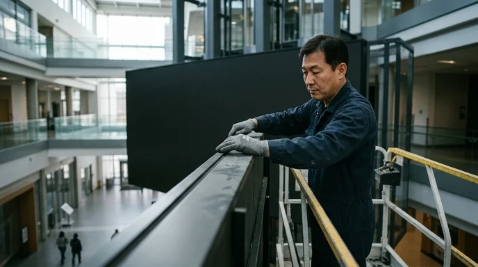 A Korean technician on a lift handles the top edge of a large indoor screen.