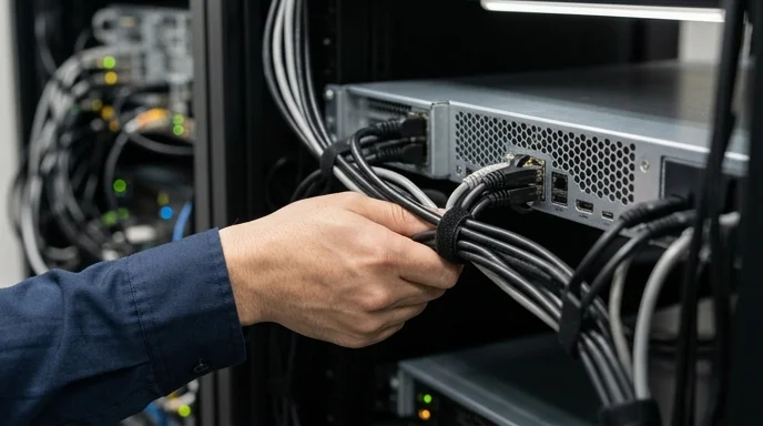 A Korean technician's hand organizing cables at the back of a media server in a rack.