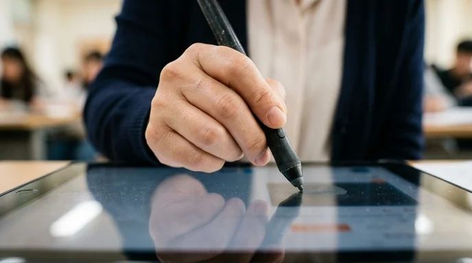 A Korean instructor's hand presses a stylus pen firmly against the surface of a glass display.