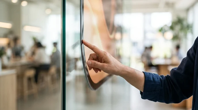 An interior designer's hand gently touching the curved edge of a large flexible display.
