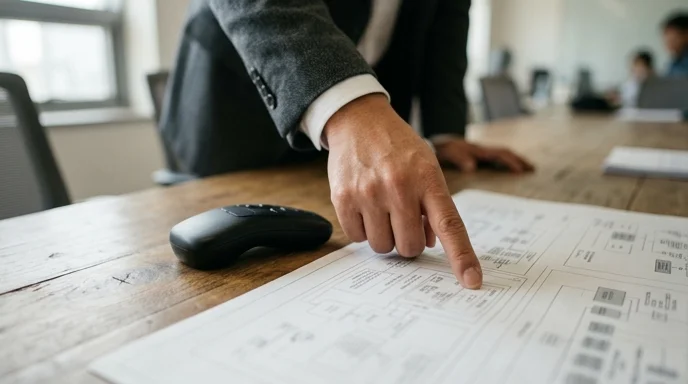 A consultant's hand pointing at a blueprint on a table near a matte black controller.